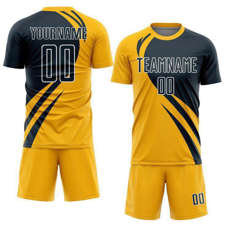 Custom sublimated soccer uniform in navy and gold